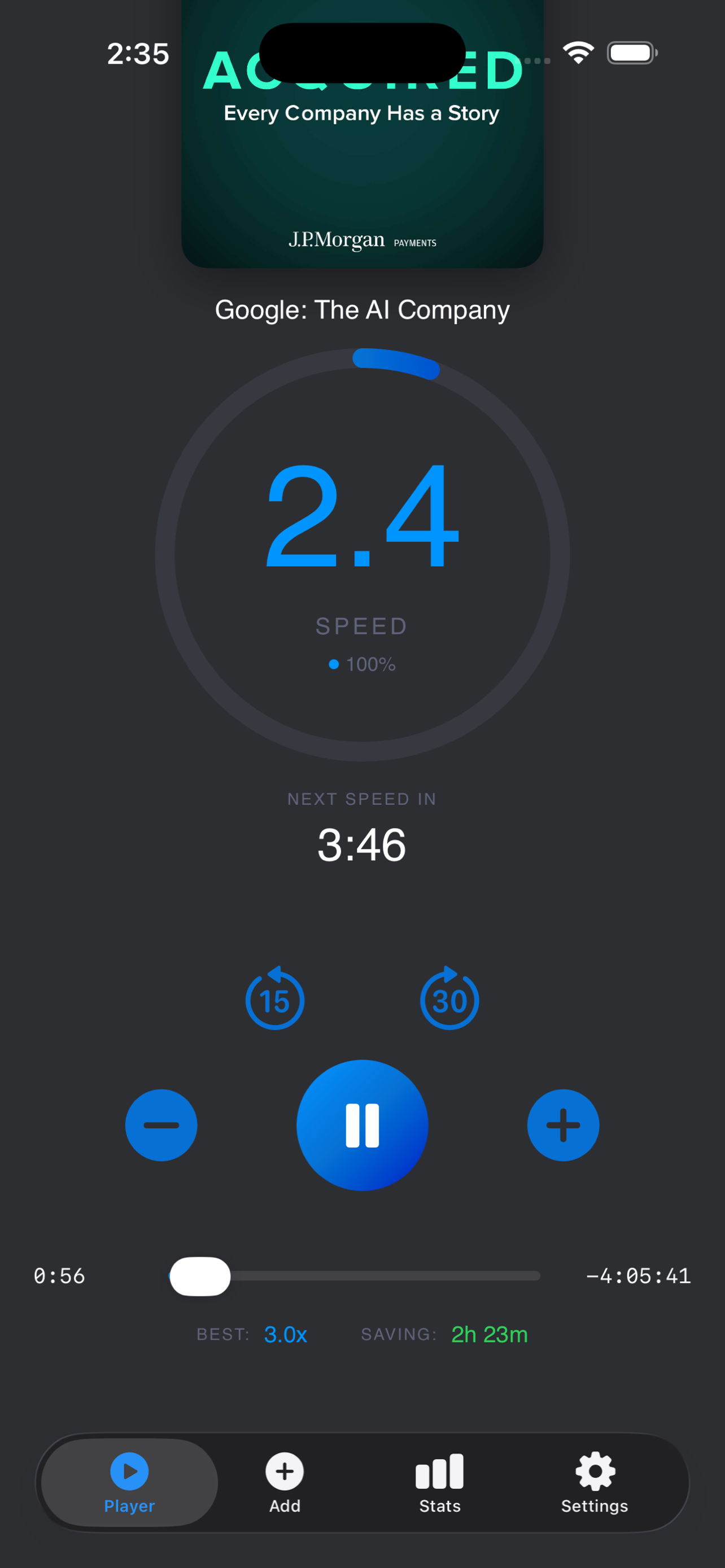 FastCast player showing episode playing at 2.4x speed with circular progress indicator