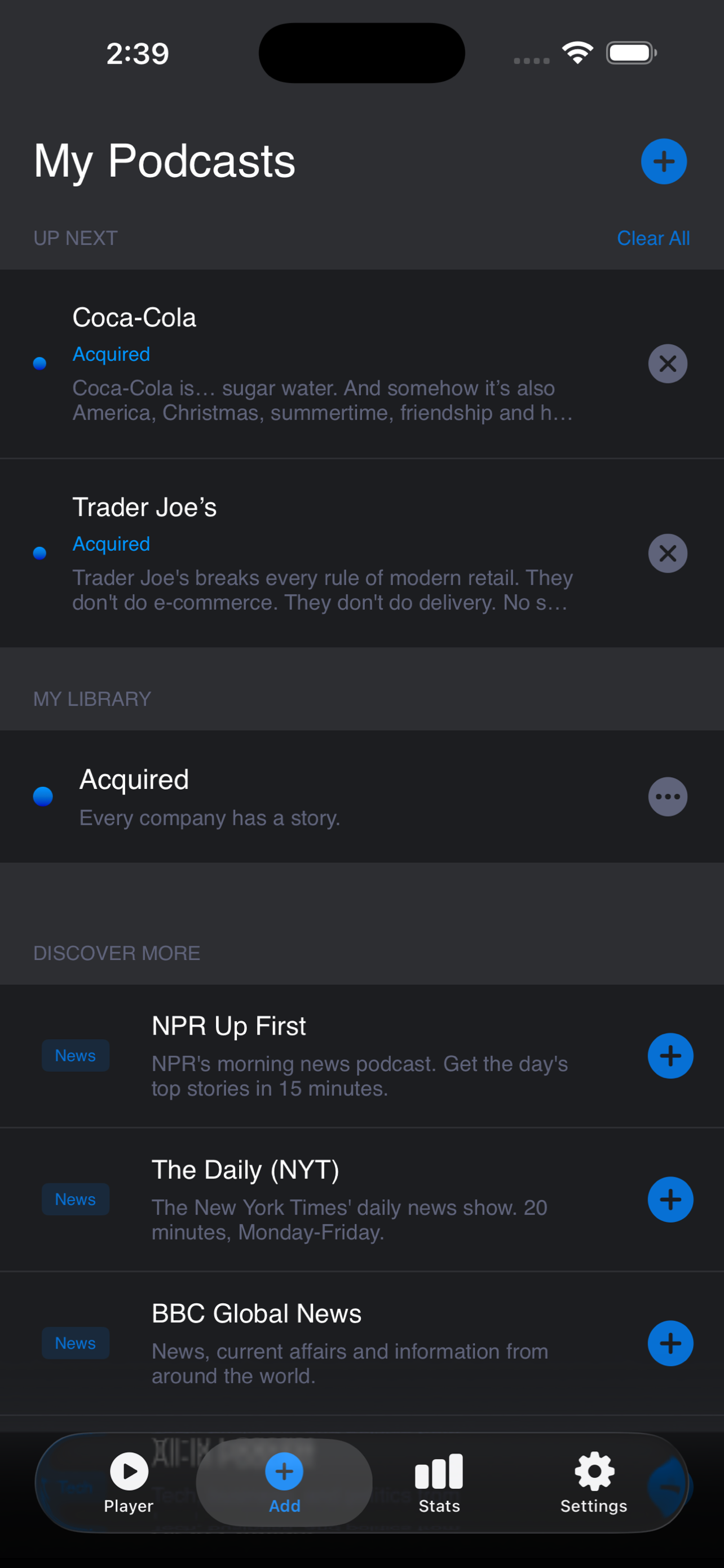 Podcast library interface showing subscribed podcasts and playback queue
