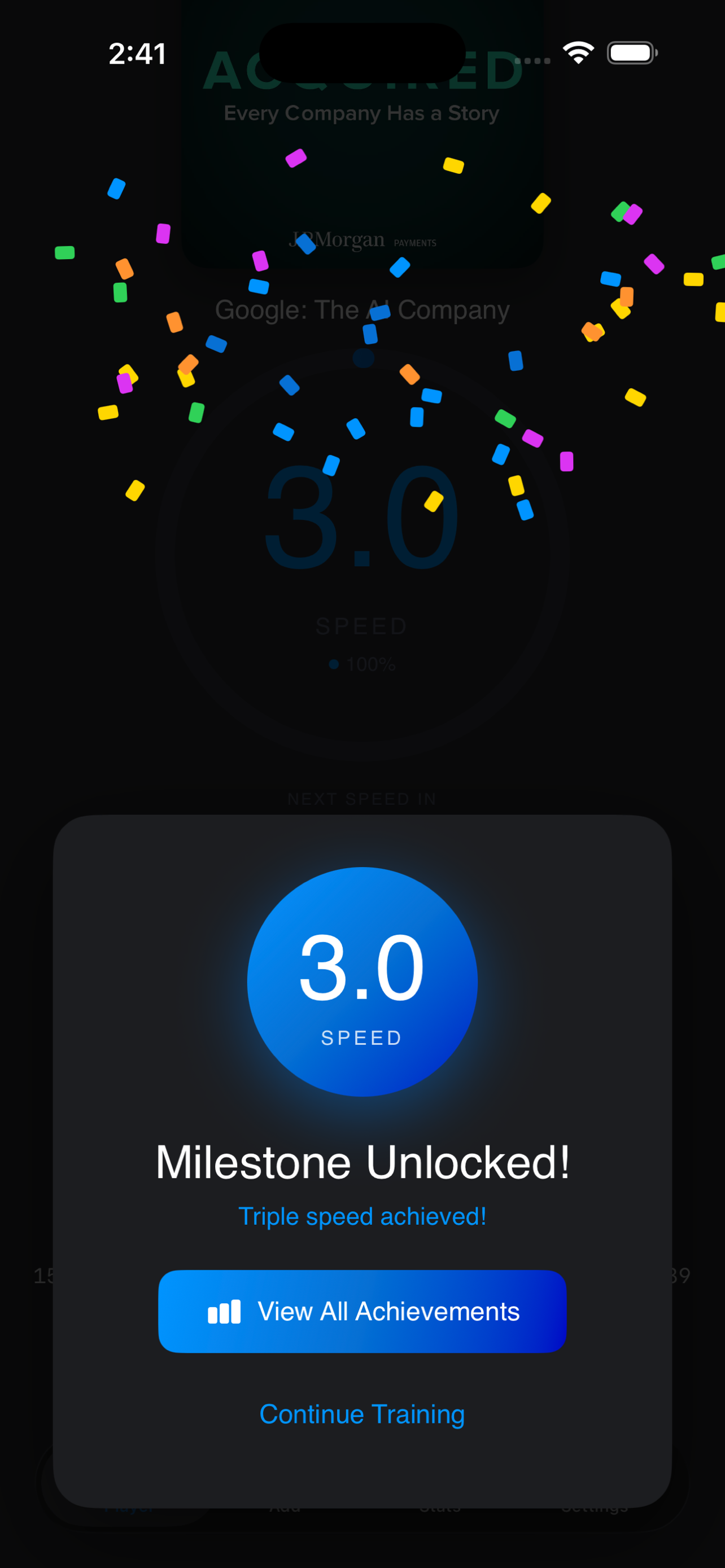Milestone celebration screen with confetti showing 3.0x speed achievement unlocked